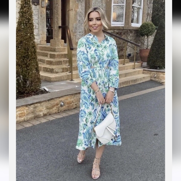 Zara Blue and Green Cut Out Midi Shirt Dress Size Medium (Bloggers Favorite) - Picture 6 of 16